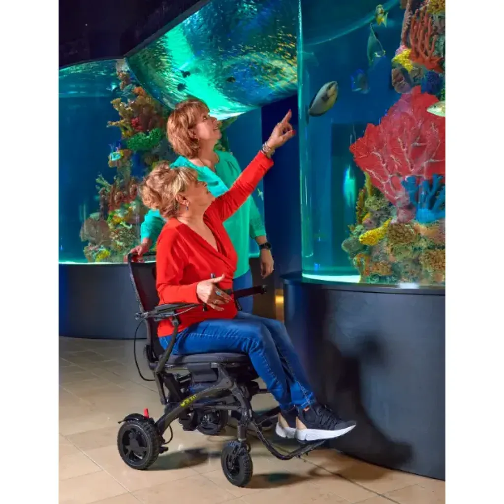 Electric wheelchair user viewing a large aquarium exhibit, providing powered mobility for sightseeing and attractions.